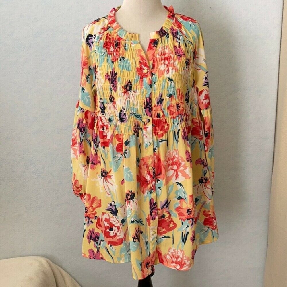 Cafe Marrakesh Ruffle Neck Button Up Ruched Blouse, Size 3X